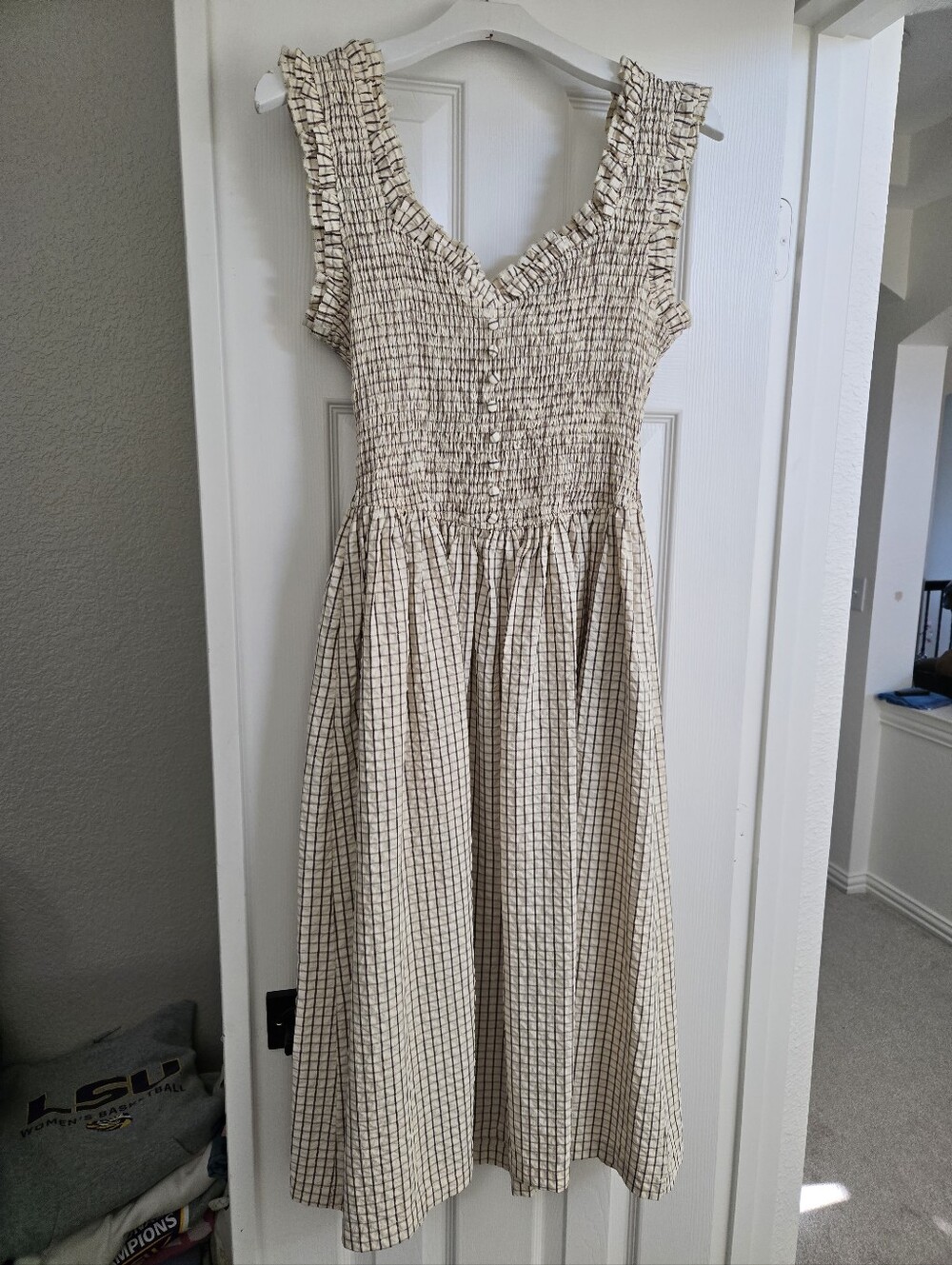 Vici Cream Plaid Smocked Midi Dress